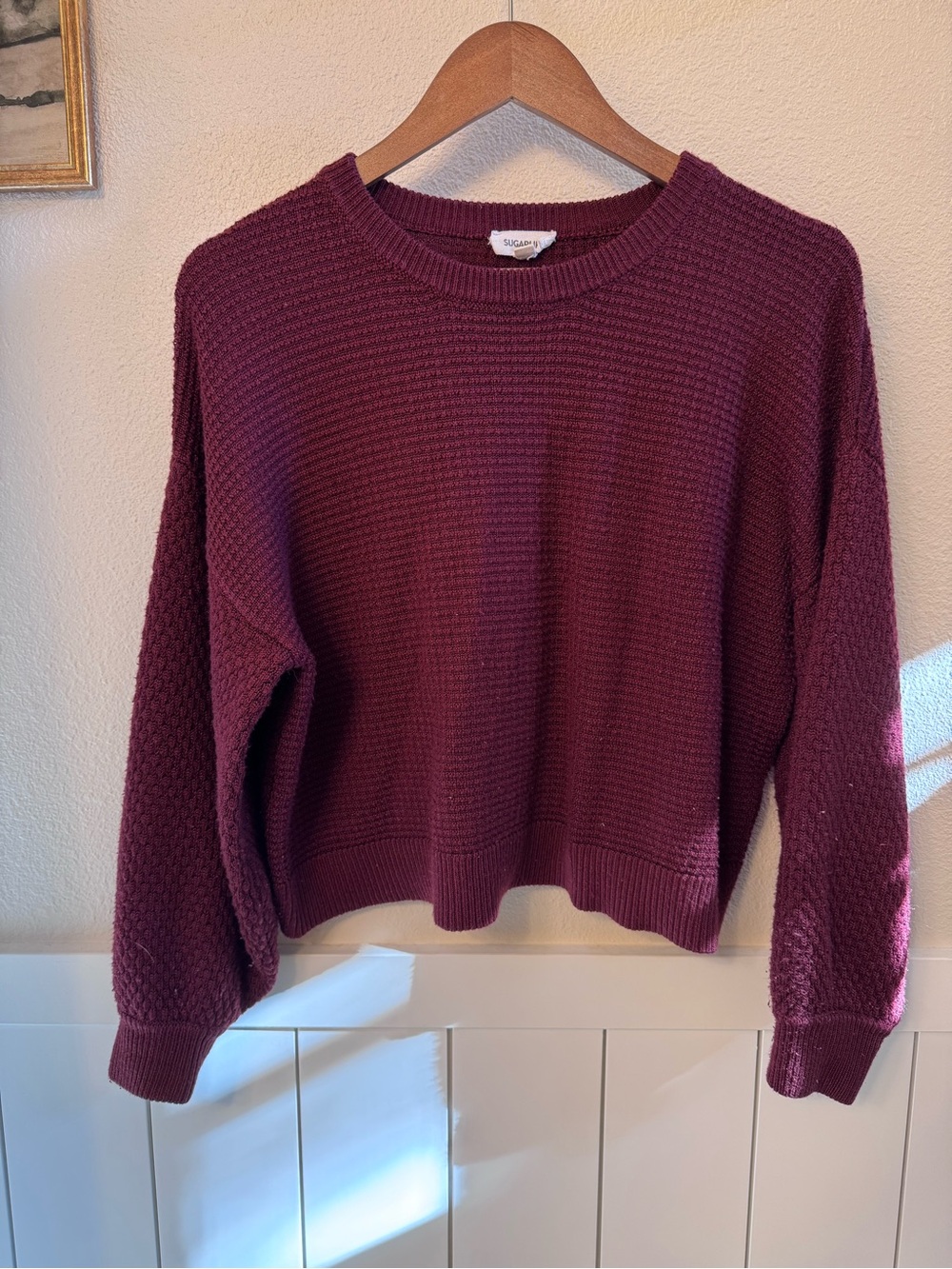 Cozy Bubble-Sleeve Cropped Crewneck Sweater in Wine Burgundy - Women's